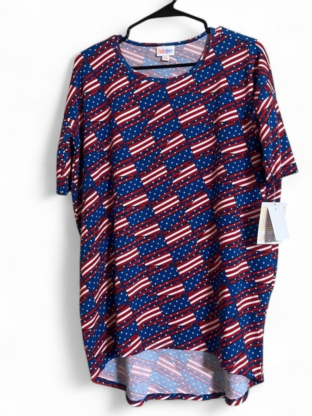LuLaRoe Tunic Top SzXS IRMA Geometric Print High/Low Hem Short Sleeves Oversized